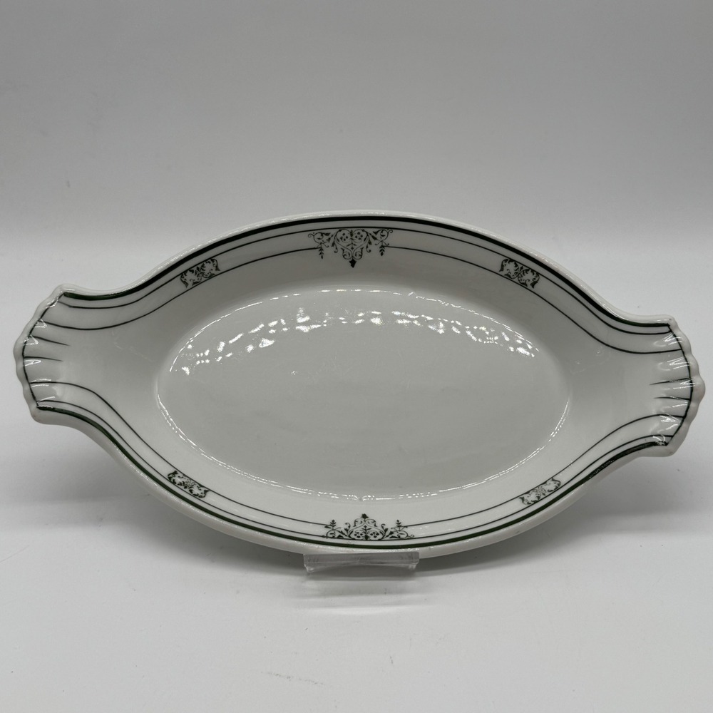 Antique Fraunfelter China Oval Relish Dish Green Crest Restaurant Ware Vintage